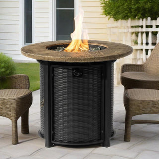30" Propane Gas Fire Pit Table, 50000 BTU Round Steel Fire Pit with Imitation Wood Grain Finish for Outside Patio Deck Garden Backyard- Black