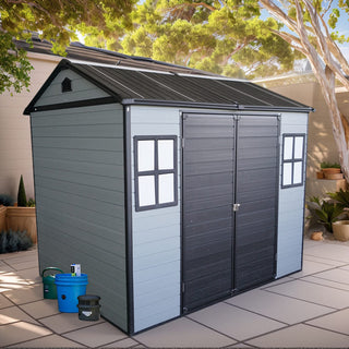 Upgraded 8x6ft Outdoor Resin Garden Shed with Floor and 2 Windows, Plastic Patio Outdoor Storage Shed with Lockable Door for Garden Tools, Bicycles, Trash Cans, Grey+Black