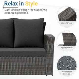 67.7" All-Weather Wicker 3-Seat Patio Sofa with Thick Blue/Biege/Gray/Black Cushions & Black Frame