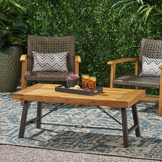 Outdoor Acacia Wood Coffee Table, Teak Finish with Rustic Brown & Black Metal Frame, 45.75" W x 27.25" D x 18" H