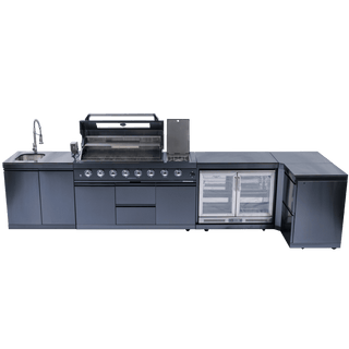 58" Outdoor Kitchen Island with 6-Burner 96,000 BTU Grill, Fridge, Rotisserie & Granite Countertops
