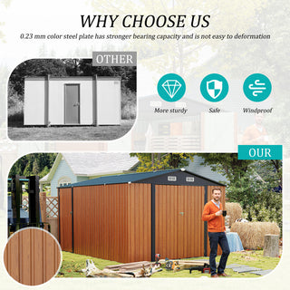 Outdoor Storage Shed 9×11 FT with 3 Lockable Doors,Utility Tool Shed Metal Storage Garden Sheds 4 Vents,Metal Sheds with Galvanized Steel Frame,for Backyard,Patio,Lawn,yellow