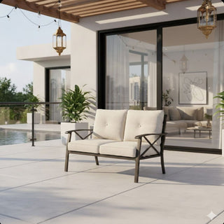 48" All-Weather Metal Loveseat 2 Seats Couch Sofa with Gray/Beige/Khaki Cushions with black Frame