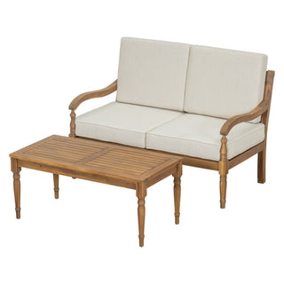 2-Piece Outdoor Acacia Wood Sofa Seating Group with Cushions – Natural & Beige
