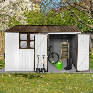 Mondawe 10ft x 8ft Metal Garden Storage Shed with Window, White+Yellow/White+Coffee Outdoor Tool Shed for Backyard