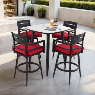 5-Piece Outdoor Patio Swivel Bar Set with Marble-Style Stone Table & Aluminum Swivel Bar Stools