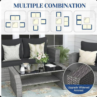 4-Piece Wicker Patio Conversation Set With Glass Table and Blue/Black/Gray Cushions