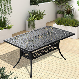 58.3" Cast Aluminum Outdoor Patio Dining Table with Umbrella Hole, Rectangular Black Metal Table for Backyard, Garden & Deck