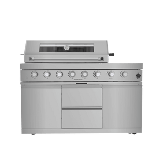 Mondawe 96" 6-Burner Outdoor Kitchen Island Grill, 85,000 BTU Stainless Steel BBQ with Wine Cooler, Rotisserie & Granite Countertop