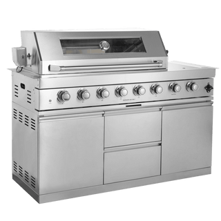 Mondawe 96" 6-Burner Outdoor Kitchen Island Grill, 85,000 BTU Stainless Steel BBQ with Wine Cooler, Rotisserie & Granite Countertop
