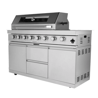 Mondawe 96" 6-Burner Outdoor Kitchen Island Grill, 85,000 BTU Stainless Steel BBQ with Wine Cooler, Rotisserie & Granite Countertop