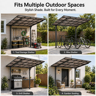 8x8 FT Galvanized Steel Outdoor Shelter with Sloped PC Roof, Multi-Use Awning for Bikes, BBQ & Patio