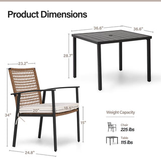 5-Piece Wicker Patio Dining Set with Cushioned Chairs & Square Table with Umbrella Hole for Backyard, Garden & Poolside