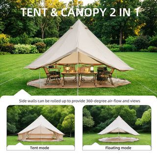 13.1FT 4-Season Bell Tent, Waterproof Canvas Glamping Yurt with Stove Jack, Green/Beige Family Camping Tent for 6-8 Persons Outdoor Camping & Parties