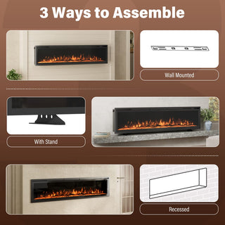 50/60/72-Inch Wall-Mounted & Recessed Electric Fireplace with Overheat Protection, Black