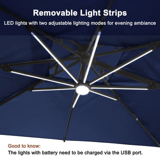 10FT Aluminum Cantilever Patio Umbrella with Removable LED Light Strips for Outdoor Shade