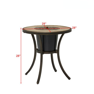 28 Inch Wood Grain Ceramic Top Cast Aluminum Bistro Table with Built-in Ice Bucket Rust Proof Outdoor Patio Table