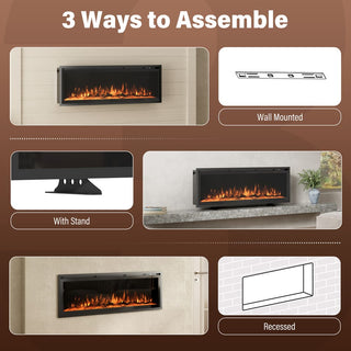 50/60/72-Inch Wall-Mounted & Recessed Electric Fireplace with Overheat Protection, Black