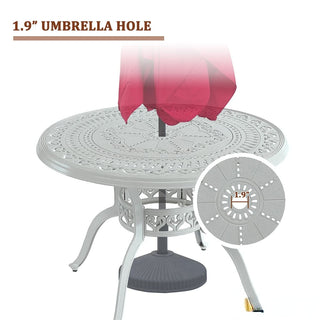 40" Round Cast Aluminum Outdoor Dining Table in Antique Bronze/White with 1.9" Umbrella Hole, Standard Height for Patio & Garden