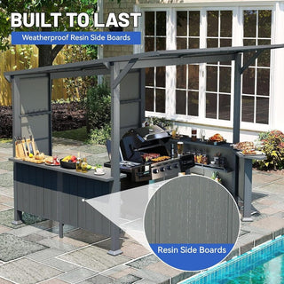 9x10FT Grill Gazebo Hardtop, Metal BBQ Gazebo with Storage Shelves and Expansion Platform, Heavy Duty Grill Canopy with Sloped Roof for Patio
