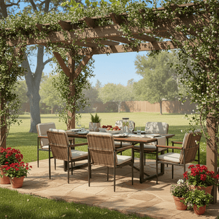 7-Piece Outdoor Patio Dining Set with Wooden Table & Umbrella Hole | 6 Wicker Chairs with Aluminum Frame & Olefin Cushions