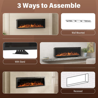 50/60/72-Inch Wall-Mounted & Recessed Electric Fireplace with Overheat Protection, Black