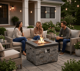 32-Inch 40,000 BTU Propane Fire Pit Table with Lightweight Concrete Finish, Lava Rocks & Cover