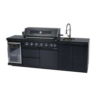 43-Inch Deluxe Outdoor Kitchen BBQ Island Grill, 6-Burner 85,000 BTU Stainless Steel Gas Grill with Wine Cooler, Refrigerator, Rotisserie Kit, Granite Countertop & Sink