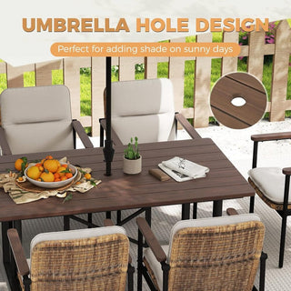 7-Piece Outdoor Patio Dining Set with Wooden Table & Umbrella Hole | 6 Wicker Chairs with Aluminum Frame & Olefin Cushions