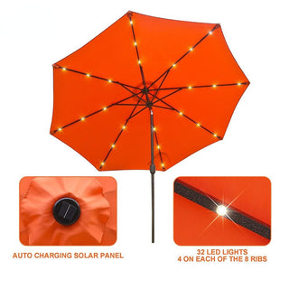 9ft Solar LED Patio Umbrella – Outdoor Market Umbrella with 32 LED Lights, Tilt & Crank