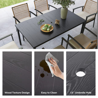 7-Piece Outdoor Patio Dining Set with 6 Cushioned Chairs and Slatted Metal Table with Umbrella Hole for Backyard, Garden & Poolside