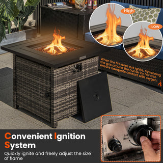 29 Inch Propane Rattan Firepit Table with Lava Rocks and Protective Cover