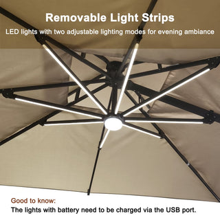 10FT Aluminum Cantilever Patio Umbrella with Removable LED Light Strips for Outdoor Shade