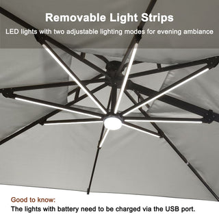 10FT Aluminum Cantilever Patio Umbrella with Removable LED Light Strips for Outdoor Shade