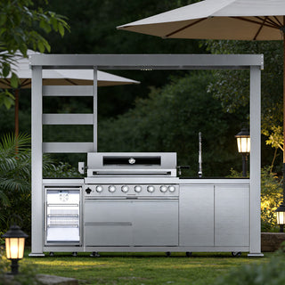 108" Outdoor Kitchen Island with 6-Burner 85,000 BTU Grill, Fridge, Rotisserie & Granite Countertops