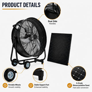 24"/30" Wheeled Solar Ventilation Fan with 140W Adjustable Monocrystalline Panel, 130W DC Brushless Motor & 3-Speed Remote for Warehouse & Workshop