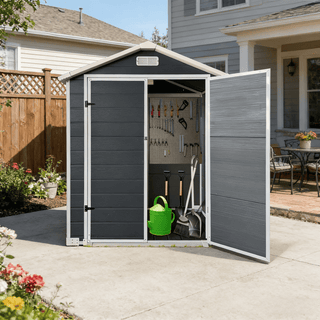 6x6 / 6x4 FT Resin Outdoor Storage Shed with Floor, Lockable Door, Weatherproof Plastic Garden Shed for Backyard & Lawn
