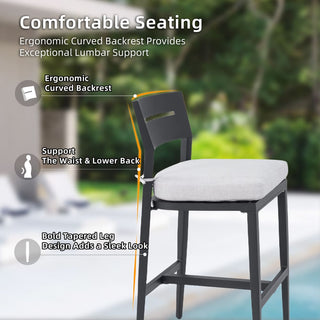 Modern 2-Piece Outdoor Aluminum Bar Stools with Sunbrella Cushions – Ergonomic Patio Bar Chairs in Black/Beige/Red