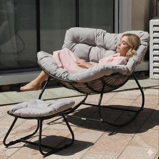 Dark Gray/Light Gray/Green Egg Rocking Chair with Ottoman, All-Weather Wicker Lounge & Cushions