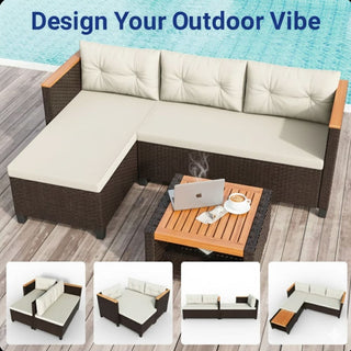 3-Piece L-Shaped Wicker Patio Set with Beige/Gray Cushions and Acacia Wood Storage Table