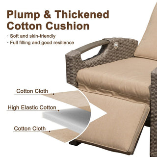 Outdoor Wicker Reclining Chair with Push-Back Backrest, Flip-Up Side Table & Thick Cushions for Patio & Backyard