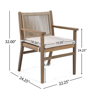 Outdoor Dining Chairs Set of 2, Acacia Wood Patio Armchair with Rope Design Back and Water Repellent Cushion