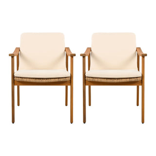 Outdoor Dining Chairs Set of 2, Teak Color Acacia Wood Frame, Brown PE Wicker, Grey Waterproof Cushion