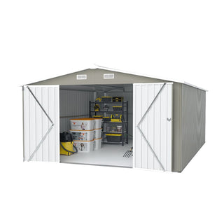 10x14 Ft Outdoor Metal Storage Shed with 3 Lockable Doors, 4 Air Vents & Sloped Roof, Heavy-Duty Utility Garden Tool Shed with Reinforced Frame