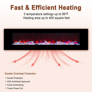 42/50/60/72 Inch Wall-Mounted Black Electric Fireplace Insert-5120 BTU with 2-Speaker Stereo Sound