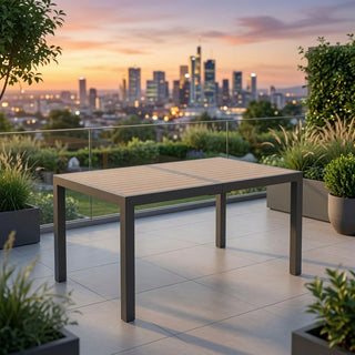59-Inch Outdoor Patio Dining Table, Gray Aluminum Frame with HDPE Slatted Top