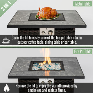 30" Propane Gas Fire Pit Table, 50000 BTU Square Fire Pit, Tile Tabletop with Beautiful Wicker Base for Outside Patio Deck Garden Courtyard-Brown