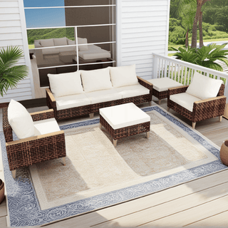 High footed hollowed out rattan terrace furniture set, 5 pieces, 7 seats, sofa set with cushion, 4-inch thick cushion