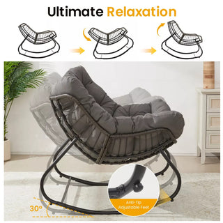 Dark Gray/Light Gray/Green Egg Rocking Chair with Ottoman, All-Weather Wicker Lounge & Cushions