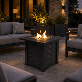 27.95-Inch Modern Outdoor Propane Fire Pit Table with Lava Rocks, Black Steel Gas Fire Pit for Patio, Backyard & Outdoor Entertaining